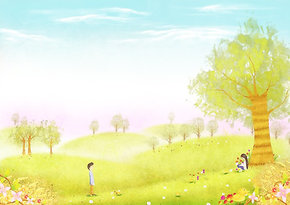 PSD 나무 구름 사계절 계절 남자 꽃 백그라운드 꽃밭 일러스트 자연 하늘 따뜻함 서기 사람 앉기 풍경 초원 두명 봄풍경 봄 계절백그라운드 남자만 봄배경 국내일러스트 자연요소 식물 모션 생태계 파일형식