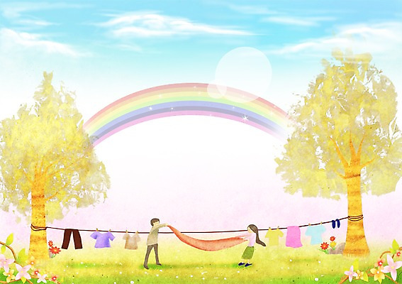 PSD 나무 구름 부부 커플 옷 사계절 계절 여자 남자 백그라운드 무지개 일러스트 자연 하늘 따뜻함 사람 풍경 잔디 두명 봄풍경 봄 빨래 빨랫줄 계절백그라운드 빨래널기 봄배경 국내일러스트 자연요소 식물 줄 가사 관계 생태계 파일형식