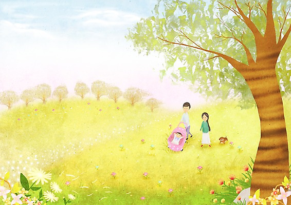 PSD 나무 사계절 계절 여자 남자 꽃 백그라운드 꽃밭 일러스트 가족 자연 따뜻함 사람 풍경 초원 세명 부모 소풍 봄풍경 봄 아기 유모차 계절백그라운드 봄배경 국내일러스트 식물 관계 야외활동 아기용품 생태계 파일형식