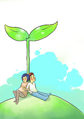 전신 PSD 부부 커플 여자 남자 일러스트 새출발 새로움 미소 웃음 사람 앉기 성인 두명 새싹 희망 임산부 임신 사회이슈 언덕 설레임 성인만 국내일러스트 식물 감정 컨셉 관계 모션 표정 출발 파일형식