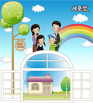 EPS 나무 구름 여자 남자 어린이 무지개 일러스트 창문 가족 하늘 새출발 새로움 주택 미소 웃음 사람 소녀 소년 여러명 울타리 희망 팻말 사회이슈 설레임 어린이만 국내일러스트 자연요소 식물 감정 다수 컨셉 관계 프레임 표정 건물 담장 출발 파일형식 벡터