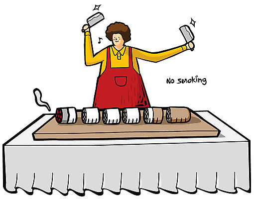 EPS 여자 일러스트 탁자 도마 담배 건강 한명 서기 사람 상반신 건강관리 칼 결심 주부 금연 여자만 여자한명만 국내일러스트 1 캠페인 가구 컨셉 모션 주방용품 관리 사회이슈 파일형식 벡터