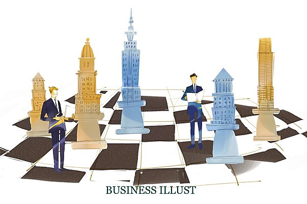 전신 PSD 남자 일러스트 비즈니스 서기 사람 빌딩 두명 건물 말_게임 비즈니스맨 체스 체스판 남자만 국내일러스트 건축물 모션 놀이 직장인 파일형식