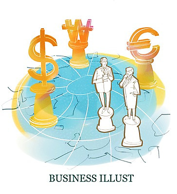 PSD 남자 세계지도 지도 돈 일러스트 비즈니스 표시 사람 두명 달러 유로 게임 말_게임 비즈니스맨 원화 체스 기회 남자만 국내일러스트 놀이 세계 직장인 재산 파일형식