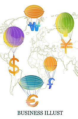 PSD 기호 세계지도 지도 돈 일러스트 비즈니스 사람없음 달러 기구 열기구 원화 엔 파운드 위안화 국내일러스트 문자 항공교통 세계 재산 파일형식