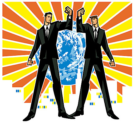 EPS 전신 남자 지구 일러스트 비즈니스 협력 서기 사람 두명 건물 글로벌 도시 비즈니스맨 열정 남자만 국내일러스트 건축물 감정 모션 직장인 파일형식 벡터