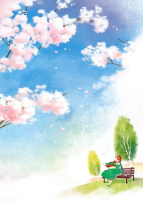 PSD 나무 구름 사계절 계절 여자 꽃잎 꽃 백그라운드 벤치 일러스트 자연 하늘 한명 사람 풍경 잔디 봄풍경 봄 벚꽃 벚나무 계절백그라운드 낙화 여자만 여자한명만 봄배경 국내일러스트 자연요소 식물 1 의자 생태계 파일형식