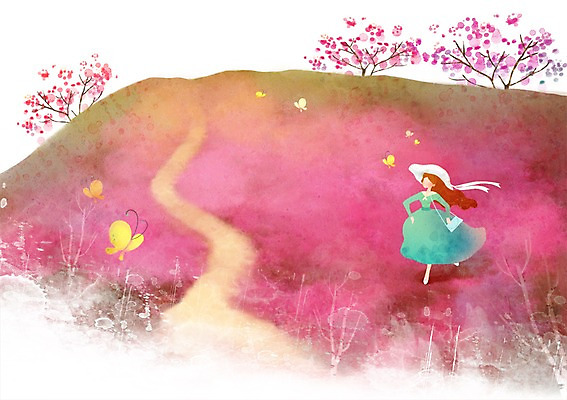 PSD 사계절 계절 여자 꽃 길 나비 백그라운드 일러스트 자연 꽃나무 한명 사람 풍경 봄풍경 봄 진달래 계절백그라운드 여자만 여자한명만 봄배경 국내일러스트 나무 식물 1 곤충 생태계 파일형식