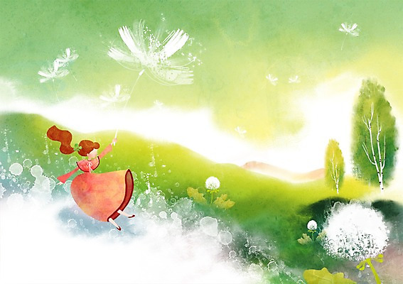 PSD 나무 사계절 계절 여자 꽃 백그라운드 일러스트 자연 산 한명 사람 풍경 봄풍경 봄 민들레 계절백그라운드 민들레홀씨 여자만 여자한명만 봄배경 국내일러스트 식물 1 생태계 파일형식