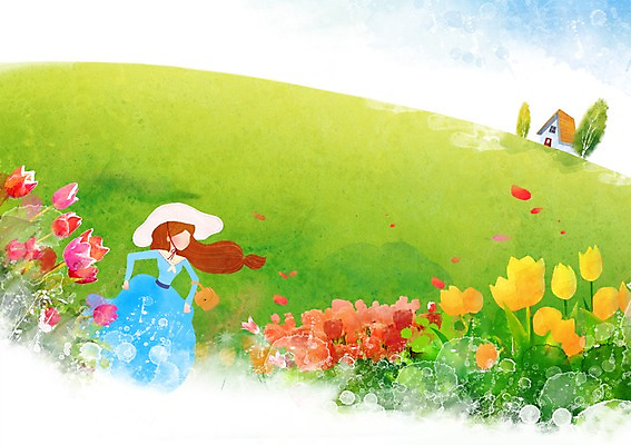 PSD 나무 사계절 계절 여자 꽃잎 꽃 백그라운드 일러스트 자연 주택 한명 사람 풍경 봄풍경 봄 튤립 언덕 계절백그라운드 여자만 여자한명만 봄배경 국내일러스트 식물 1 건물 생태계 파일형식