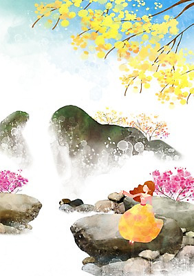 PSD 사계절 계절 여자 꽃 백그라운드 일러스트 자연 한명 사람 풍경 물 계곡 봄풍경 봄 돌_바위 바위 개나리 진달래 계절백그라운드 여자만 여자한명만 봄배경 국내일러스트 자연요소 식물 1 생태계 파일형식