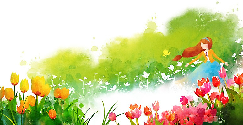 PSD 사계절 계절 여자 꽃 나비 백그라운드 꽃밭 일러스트 자연 한명 사람 풍경 새싹 봄풍경 봄 튤립 계절백그라운드 여자만 여자한명만 봄배경 국내일러스트 식물 1 곤충 생태계 파일형식