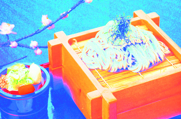 JPG 그릇 꽃잎 음식 실내 요리 사람없음 나뭇가지 면류 냉모밀 메밀국수 대나무발 일본음식 나무 식기 꽃 내부 파일형식