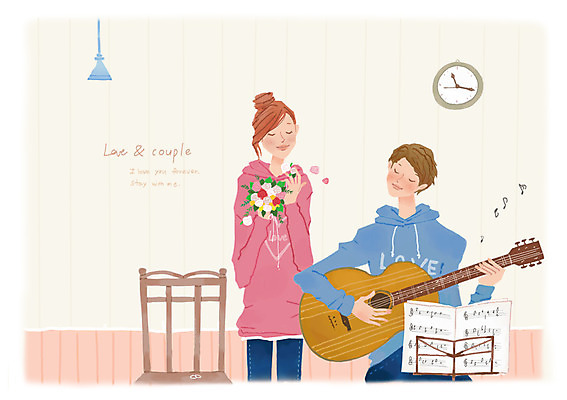 전신 PSD 커플 여자 남자 행복 악기 시계 꽃다발 연주 의자 일러스트 노래 전등 함께함 사랑 서기 미소 웃음 사람 앉기 이벤트 성인 두명 다정 기타 보면대 악보 성인만 국내일러스트 꽃 감정 음악 가구 컨셉 관계 모션 현악기 조명 표정 파일형식