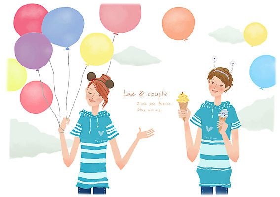 PSD 구름 커플 여자 남자 행복 데이트 일러스트 아이스크림 함께함 사랑 서기 웃음 사람 상반신 성인 두명 다정 커플티 풍선 성인만 국내일러스트 자연요소 감정 컨셉 관계 모션 디저트 표정 커플룩 파일형식