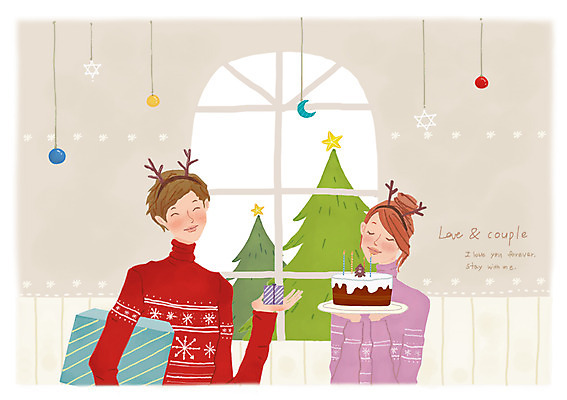 PSD 커플 여자 남자 행복 크리스마스 일러스트 창문 함께함 선물 사랑 미소 웃음 사람 이벤트 상반신 성인 두명 장식 크리스마스트리 파티 케이크 다정 성인만 국내일러스트 기념일 감정 컨셉 관계 디저트 표정 파일형식
