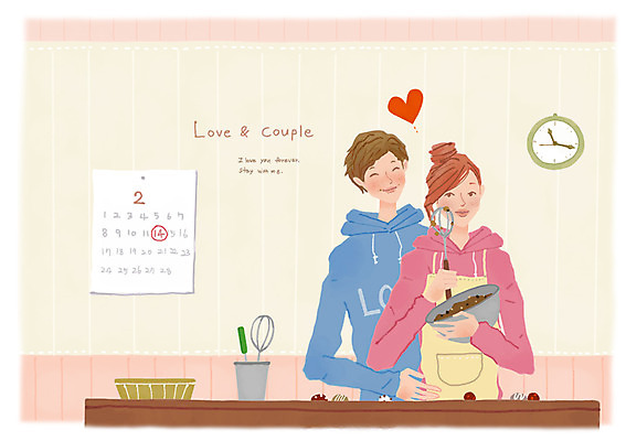PSD 커플 여자 남자 행복 음식 시계 일러스트 탁자 디저트 함께함 사랑 미소 웃음 사람 상반신 성인 두명 과자 초콜릿 앞치마 다정 달력 하트 조리대 거품기 머핀 믹싱볼 성인만 국내일러스트 모양 그릇 감정 빵 가구 컨셉 관계 주방용품 표정 파일형식