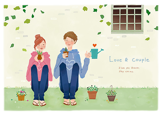 전신 PSD 커플 여자 남자 행복 화분 벽 잎 데이트 일러스트 창문 나뭇잎 함께함 사랑 미소 웃음 사람 앉기 잔디 성인 두명 다정 물뿌리개 성인만 국내일러스트 식물 감정 컨셉 관계 모션 표정 파일형식