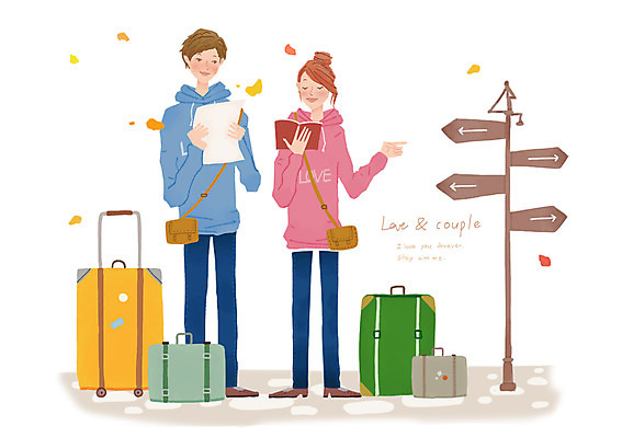 전신 PSD 커플 여자 남자 행복 화살표 여행 지도 일러스트 함께함 사랑 서기 미소 웃음 사람 성인 두명 책 캐리어 여행가방 다정 팻말 방향 성인만 국내일러스트 감정 컨셉 가방 관계 모션 프레임 표정 파일형식