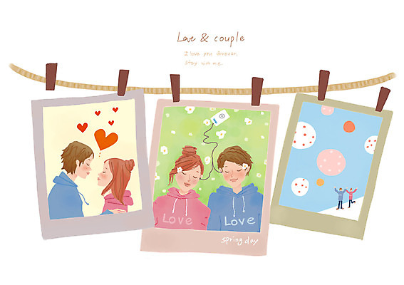 PSD 커플 여자 남자 행복 여행 일러스트 함께함 집게 사랑 미소 웃음 사람 성인 두명 다정 하트 추억 빨랫줄 폴라로이드사진 성인만 국내일러스트 모양 감정 줄 컨셉 관계 표정 폴라로이드 파일형식