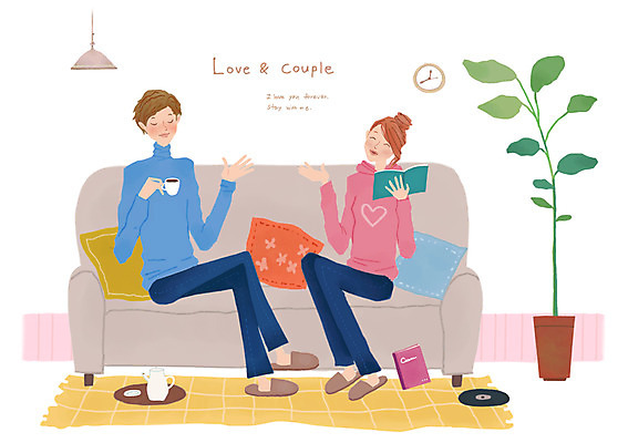 전신 PSD 나무 식물 커플 여자 남자 행복 화분 커피 음료 시계 쿠션 일러스트 주전자 티타임 함께함 사랑 미소 웃음 사람 앉기 성인 두명 책 소파 독서 다정 차 성인만 국내일러스트 감정 컨셉 의자 관계 모션 주방용품 휴식 표정 파일형식
