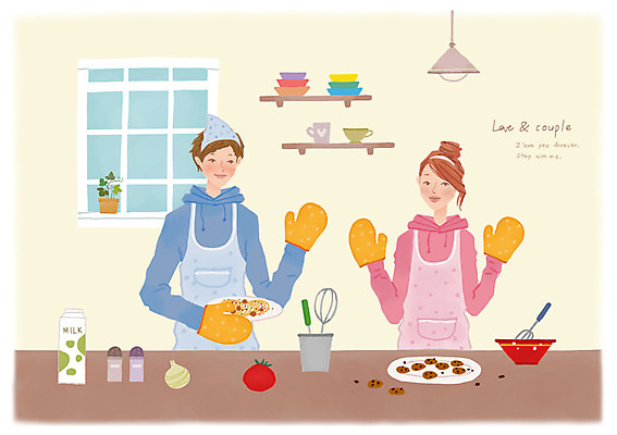 PSD 그릇 접시 커플 여자 남자 행복 화분 음식 채소 일러스트 창문 주방용품 디저트 함께함 사랑 요리 미소 웃음 사람 상반신 성인 두명 주방 앞치마 다정 우유 조미료 진열장 조리대 믹싱볼 성인만 국내일러스트 식기 감정 생활용품 컨셉 관계 유제품 표정 향미료 파일형식