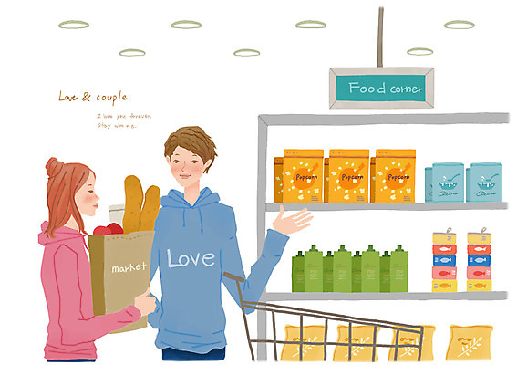 PSD 커플 여자 남자 행복 종이 음식 빵 일러스트 봉투 함께함 사랑 사람 상반신 성인 두명 쇼핑 다정 팻말 진열장 마트 성인만 국내일러스트 감정 컨셉 관계 프레임 상점 파일형식