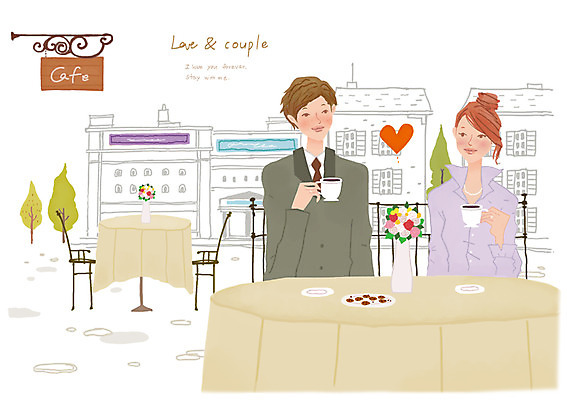 PSD 커플 여자 남자 행복 커피 음료 데이트 일러스트 탁자 티타임 거리 함께함 사랑 미소 웃음 사람 상반신 성인 두명 건물 꽃병 다정 카페 팻말 하트 차 노천카페 성인만 국내일러스트 모양 건축물 꽃 감정 가구 컨셉 관계 휴식 프레임 표정 상점 파일형식