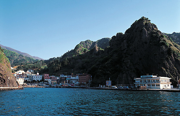 포토 JPG 나무 식물 바다 컬러 섬 자연 하늘 주택 한국 풍경 해변 사람없음 야외 건물 마을 절벽 암석 돌_바위 바위 경상북도 경상도 울릉도 화산섬 국내포토 건축물 아시아 생태계 파일형식