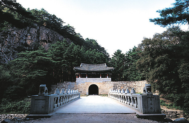 포토 JPG 나무 식물 컬러 자연 산 한국 풍경 사람없음 야외 문 절벽 돌_바위 바위 소나무 경상북도 경상도 산기슭 관문 문경 문경새재 조곡관 조곡교 주흘산 가교 국내포토 건축물 아시아 국립공원 다리_건축물 생태계 파일형식