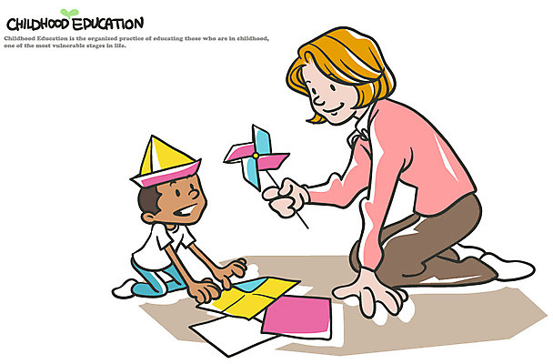 EPS 백인 학생 여자 어린이교육 교육 어린이 남학생 흑인 일러스트 함께함 사람 소년 성인 두명 교사 도움 바람개비 종이접기 색종이 국내일러스트 서양인 직업 남자 종이 컨셉 접기 파일형식 벡터