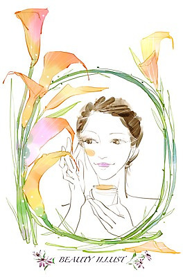 PSD 라이프스타일 여자 꽃 얼굴 일러스트 갈색머리 사람 20대 라이프 30대 화장 뷰티 화장품 변화 크림 카라 여자만 성인여자만 성인만 국내일러스트 식물 헤어스타일 컨셉 청년 생활 신체부위 장년 파일형식