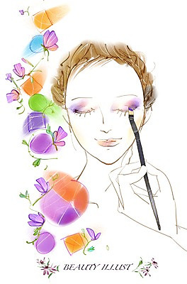 PSD 라이프스타일 여자 꽃 일러스트 갈색머리 사람 20대 라이프 30대 화장 뷰티 화장품 붓 변화 아이섀도 아이셰도우 여자만 성인여자만 성인만 국내일러스트 식물 헤어스타일 컨셉 청년 생활 장년 파일형식