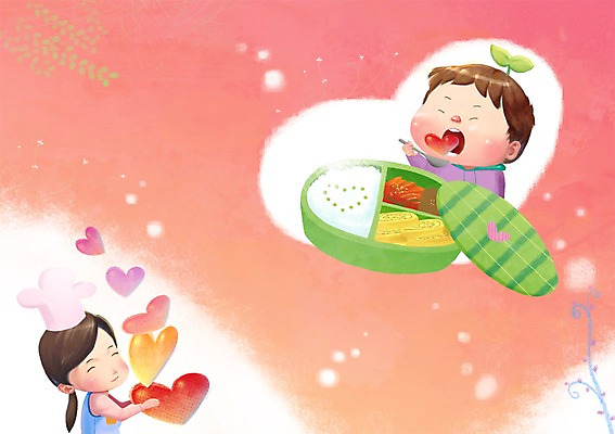 PSD 여자 어린이 일러스트 희망프로젝트 사랑 웃음 사람 두명 새싹 희망 하트 봉사 도움 사회 사회이슈 사회복지 복지 도시락 여자만 어린이만 소녀만 국내일러스트 모양 식물 감정 음식 컨셉 표정 공동체 파일형식