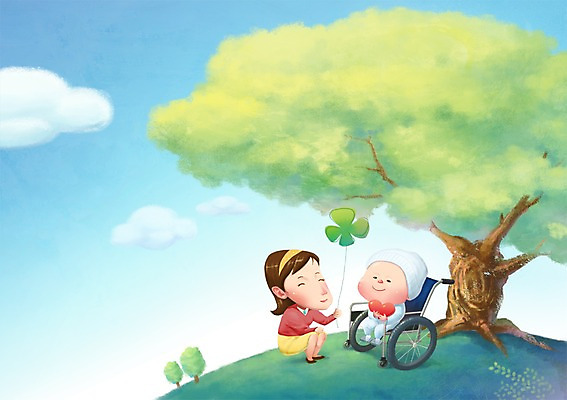 PSD 나무 구름 여자 어린이 일러스트 하늘 희망프로젝트 사랑 미소 웃음 사람 두명 희망 환자 하트 도움 사회 네잎클로버 자원봉사자 사회이슈 사회복지 복지 언덕 휠체어 풍선 불치병 여자만 어린이만 소녀만 국내일러스트 자연요소 모양 식물 감정 컨셉 의학 표정 클로버 공동체 파일형식