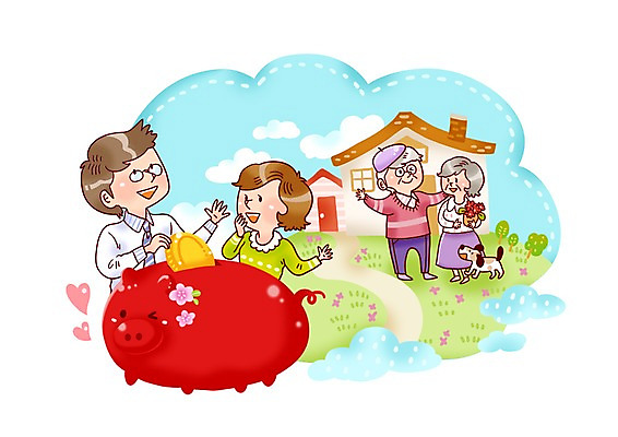 PSD 동물 한마리 여자 노년 남자 돈 일러스트 가정 가족 주택 윙크 웃음 사람 여러명 금융 경제 노후 반려동물 동전 저축 돼지저금통 저금통 개 강아지 재테크 가정경제 주부 신혼 노인만 성인만 금융의날 국내일러스트 1 다수 포유류 관계 표정 성인 건물 재산 파일형식 법정기념일