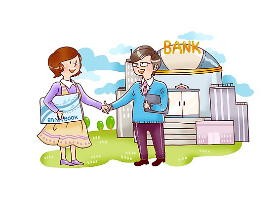 PSD 여자 남자 일러스트 가정 가족 악수 미소 웃음 사람 두명 건물 금융 경제 재테크 은행 가정경제 주부 통장 은행원 펀드매니저 국내일러스트 직업 건축물 관계 표정 손짓 펀드 파일형식