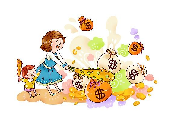 PSD 기호 여자 아들 어린이 돈 일러스트 가정 가족 엄마 웃음 사람 두명 금융 경제 달러 방망이 돈자루 연기 재테크 도깨비 가정경제 주부 도깨비방망이 여자만 국내일러스트 문자 관계 표정 재산 파일형식