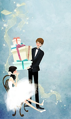 전신 PSD 커플 여자 남자 행복 신부 웨딩드레스 신랑 결혼 의자 일러스트 선물 사랑 미소 웃음 사람 앉기 정장 턱시도 성인 두명 선물상자 축하 축복 성인만 국내일러스트 드레스 옷 감정 가구 컨셉 관계 모션 표정 이벤트 상자 파일형식