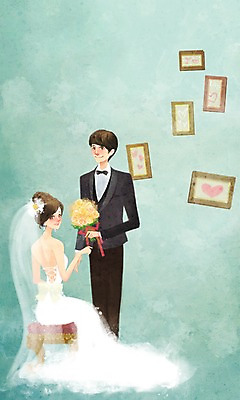 전신 PSD 커플 여자 남자 꽃 행복 신부 부케 웨딩드레스 액자 신랑 결혼 의자 일러스트 사랑 미소 웃음 사람 앉기 성인 두명 마주보기 하트 축하 축복 성인만 국내일러스트 모양 식물 드레스 감정 꽃다발 가구 컨셉 관계 모션 표정 이벤트 파일형식