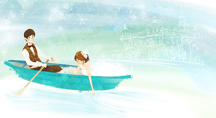 PSD 커플 여자 남자 행복 호수 신부 웨딩드레스 신랑 결혼 일러스트 사랑 미소 웃음 사람 성인 두명 축하 보트 성 축복 선박 성인만 국내일러스트 건축물 드레스 감정 컨셉 수상교통 배_교통 관계 표정 이벤트 파일형식