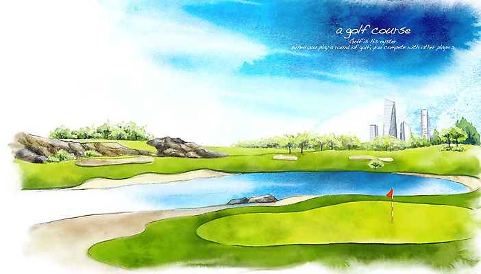 PSD 나무 호수 모래 스포츠 백그라운드 골프 일러스트 스포츠시설 골프장 필드 하늘 레저 수채화 풍경 잔디 사람없음 건물 초록색 레포츠 구기 돌_바위 바위 깃발 도심 손그림 국내일러스트 식물 건축물 컬러 도시 시설 파일형식