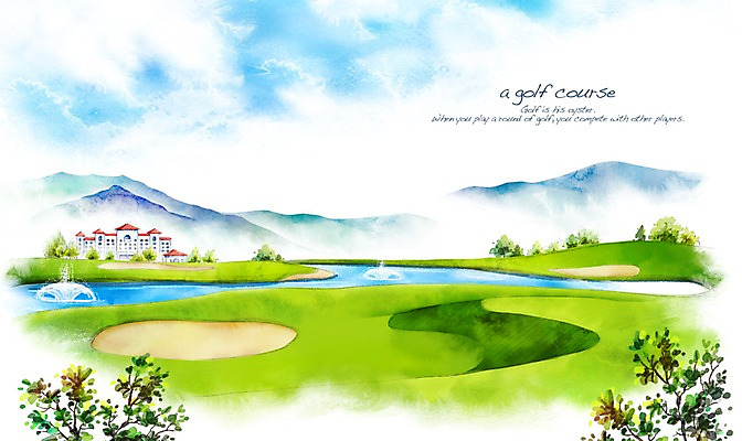 PSD 나무 호수 모래 스포츠 백그라운드 골프 일러스트 스포츠시설 골프장 필드 하늘 호텔 레저 수채화 산 풍경 잔디 사람없음 건물 초록색 레포츠 구기 분수 손그림 국내일러스트 식물 건축물 컬러 숙소 시설 파일형식