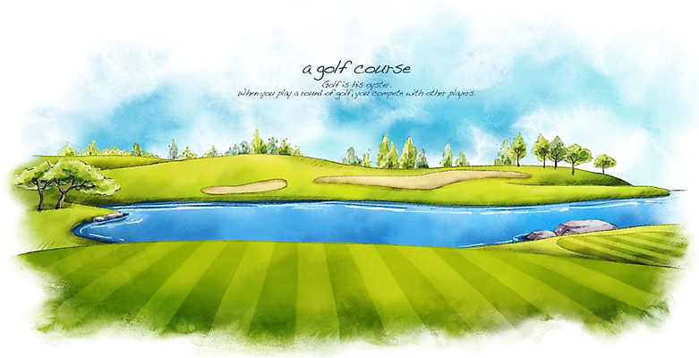 PSD 나무 호수 모래 스포츠 백그라운드 골프 일러스트 스포츠시설 골프장 필드 하늘 레저 수채화 풍경 잔디 사람없음 초록색 레포츠 구기 줄무늬 돌_바위 바위 손그림 국내일러스트 식물 컬러 무늬 시설 파일형식