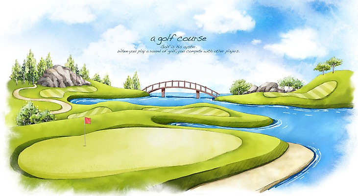 PSD 나무 호수 스포츠 백그라운드 골프 일러스트 스포츠시설 골프장 필드 하늘 레저 수채화 풍경 잔디 사람없음 초록색 레포츠 구기 돌_바위 바위 손그림 가교 국내일러스트 식물 건축물 컬러 시설 파일형식