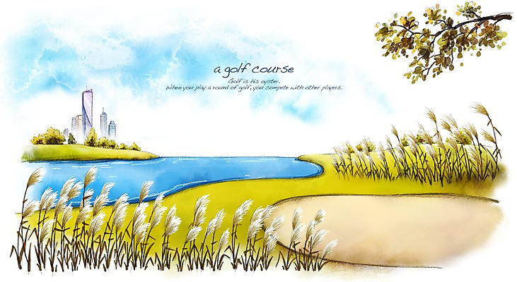 PSD 나무 호수 모래 스포츠 백그라운드 골프 일러스트 스포츠시설 골프장 필드 하늘 레저 수채화 갈대 풍경 잔디 사람없음 초록색 레포츠 구기 가을 손그림 가을배경 국내일러스트 식물 계절 컬러 시설 파일형식 가을_계절