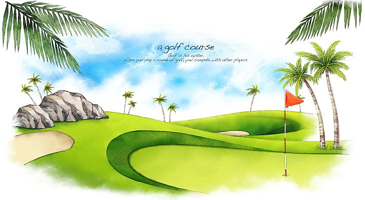 PSD 나무 모래 스포츠 백그라운드 골프 일러스트 스포츠시설 골프장 필드 하늘 레저 수채화 풍경 잔디 사람없음 초록색 레포츠 야자수 구기 돌_바위 바위 깃발 손그림 국내일러스트 식물 컬러 시설 파일형식