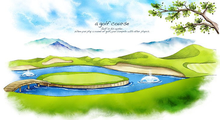 PSD 나무 호수 모래 스포츠 백그라운드 골프 일러스트 스포츠시설 골프장 필드 하늘 레저 수채화 산 풍경 잔디 사람없음 초록색 레포츠 구기 나뭇가지 분수 손그림 가교 분수_분수대 국내일러스트 식물 건축물 컬러 시설 분수대 파일형식