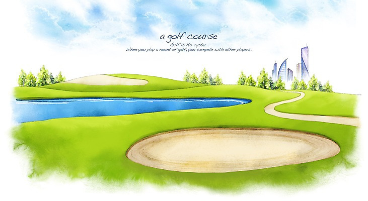 PSD 나무 길 호수 모래 스포츠 백그라운드 골프 일러스트 스포츠시설 골프장 필드 하늘 레저 수채화 풍경 잔디 사람없음 건물 초록색 레포츠 구기 도심 손그림 국내일러스트 식물 건축물 컬러 도시 시설 파일형식