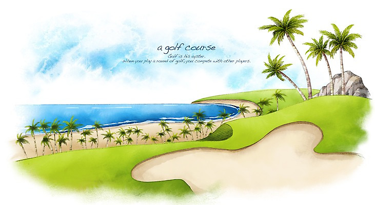 PSD 나무 모래 스포츠 바다 백그라운드 골프 일러스트 스포츠시설 골프장 필드 하늘 레저 수채화 풍경 잔디 사람없음 초록색 레포츠 야자수 구기 절벽 돌_바위 바위 손그림 낙원 국내일러스트 식물 컬러 시설 파일형식